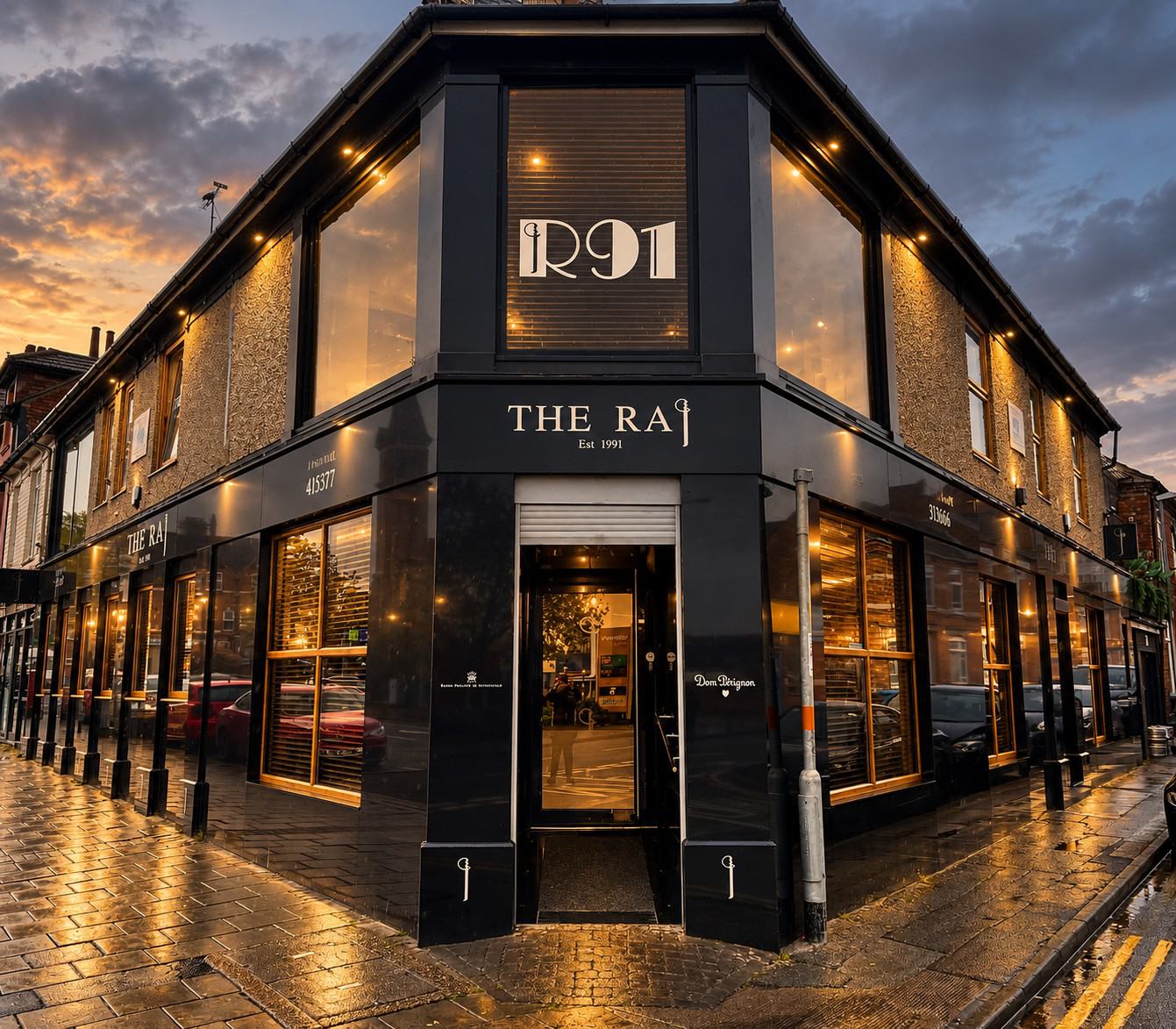 The Raj on the corner of Rockingham Road, Kettering, at dusk