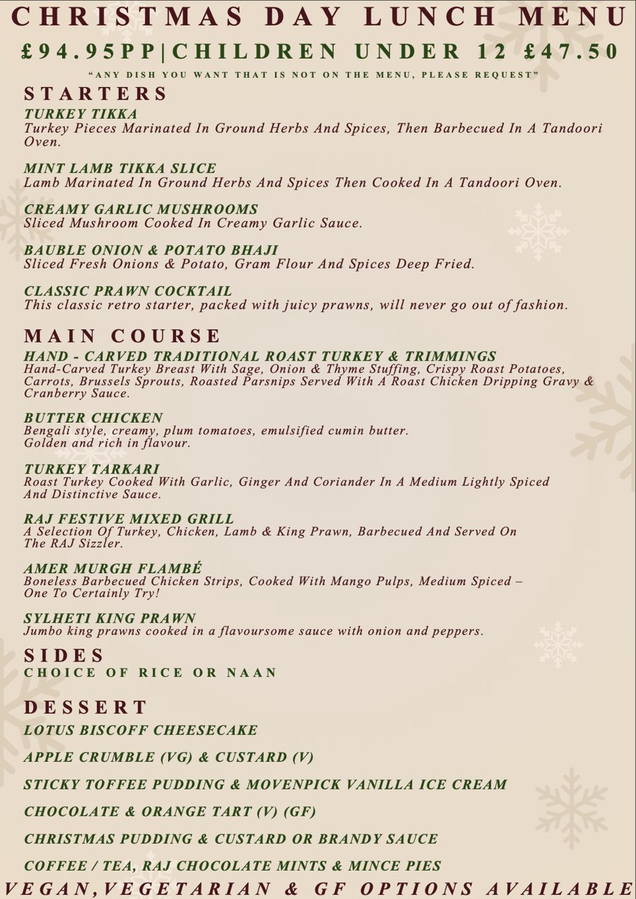 The Raj Christmas Day lunch menu card, 25th December 2026